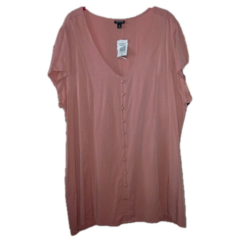NWT TORRID Womens 22/24 Corsetback Short Sleeve V Neck Solid Pink Top Blouse